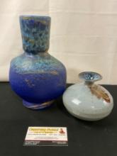 Pair of Handcrafted Pottery Vases, Gourd w/ shades of blue & small spout piece Periwinkle