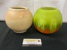 Pair of Round Globe shaped Vases, Pottery & Painted Glass Orange/Green