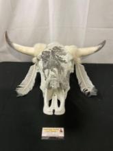 Vintage Native American Painted Cow Skull, w/ Wool and Feather Adornments