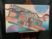 Large Vintage 1990 Oil & Mixed media on Canvas by Bernie Rowell, Pink & Blue Pastel Circuitry