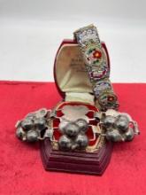 Vintage bracelets - Vintage mexican silver grape motif bracelet and mosiac metal and stone