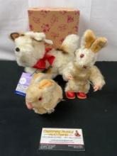 Vintage Timme Mohair & Fabric Dog & Pair of Wind Up West German Rabbit Toys