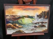 Framed Original Oil on Canvas of a Sunset Coastline Scene by Mary Seymour
