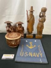 Philippine Carved Bookends, West German Copper Container, US NAVY Book, Pair of Korean Carvings