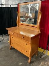 Vintage Oak Burl Empire Style Lowboy 4-Drawer Dresser w/ Framed Mirror. Excellent Condition. See
