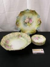 6 Antique Early 20th Century RS Prussia German Handpainted China, Berry Bowl set & handled Plate