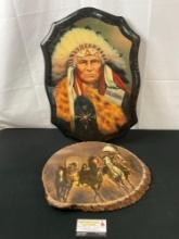 Pair of Native American Wooden Wall Hangings, Wall Clock & Log Round