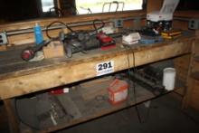 All Contents on Wooden Work Bench -Air Impact Tool, Cordless Drill, & Other