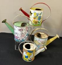 4 Vintage Children's Tin Litho Watering Cans - Ohio Art Etc.