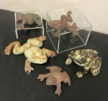 4 Vintage Iron Frogs;     Vintage Pottery Frog     - Largest Is 6"x6"