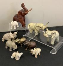 Collection Of 10 Small Elephants - Marble, Carved Wood, Onyx Etc.
