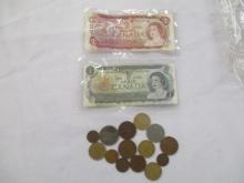 World Coins & Currency- Canandian Bills (2) Coins (14)