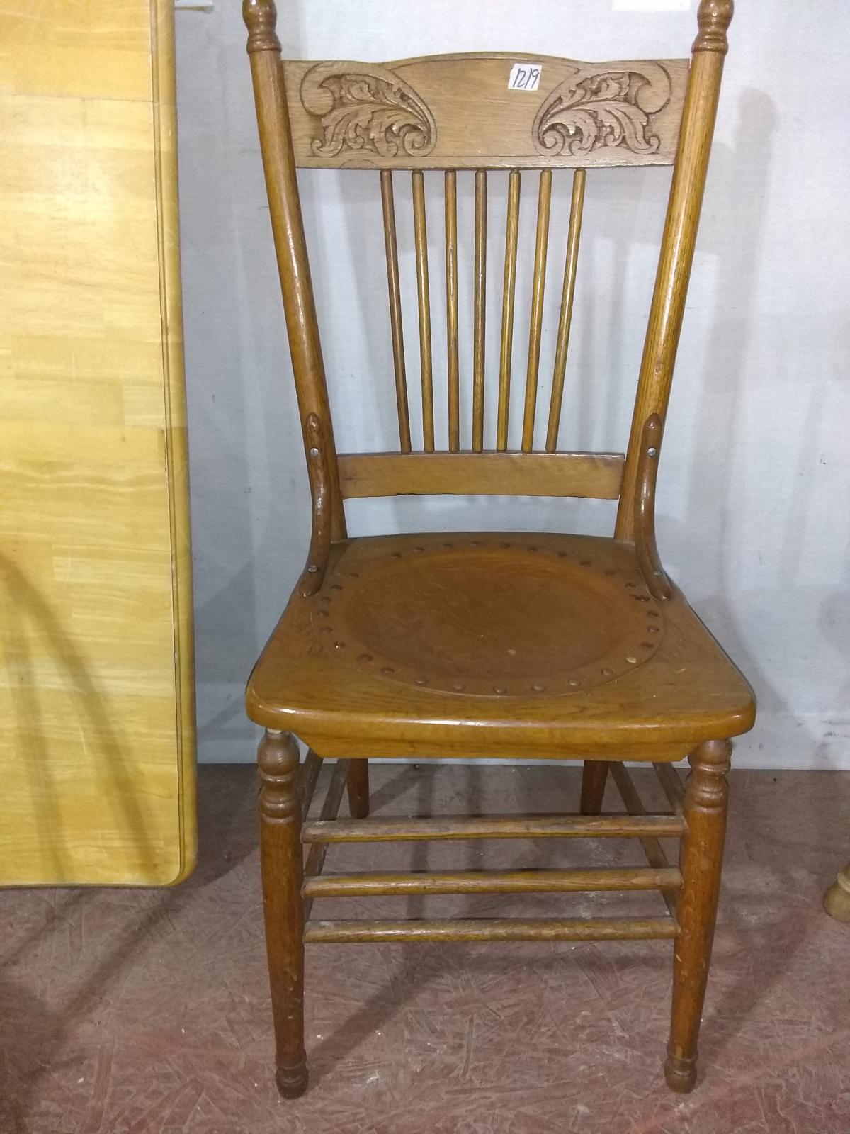 Vintage Oak Hip Rest Spindle Back Side Chair with Leather Seat
