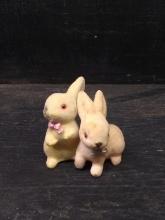 2 Vintage Brush Moss Velvet Covered Easter Rabbit Figurines