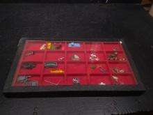 Glass Top Collectors Box-Miniature Plastic Toys, Dogs, Sports Charms