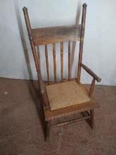 Antique Pine Childs Rocker with Spindle and Carved Back