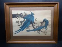 Vintage Framed and Matted Print-Blue Birds