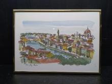 Framed Watercolor-City View of Italy signed D.Aratia?