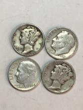 Silver Dime Lot Mercury And Roosevelt 4 Silver Dimes