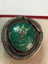 Antique Native Sterling Silver And Green Turquise Ring Very Old 14.56 Grams Size 6