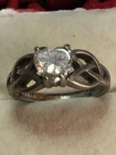 Antique Sterling Silver Ring With 1 Ct Heart Sapphire Very Old Size 6.5