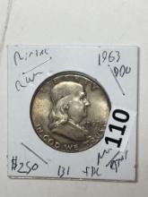 1963 D Franklin Silver Dollar Major Error Doubling/rimless