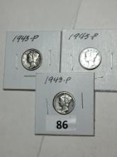 (3) 1943 P Silver Mercury Dime 