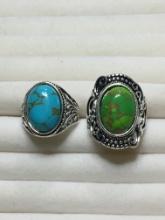 2 Pcs Lot Awesome Green Turquoise & Blue Turquoise Detailed Sz 10; Sz 9.25 Rings .925 Plate