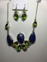 20" A A A Exquisite Peridot And Lapiz Lazuli Gemstones W/ Matching Detailed Peridot Earrings