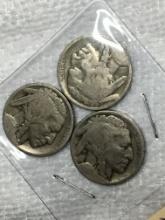 (3) Buffalo Nickels 1916 D, 1917 P, 1918 P