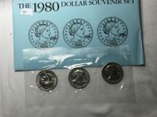 Susan B Anthony Dollar Set 1980 Souvenir Set 3 Coins 
