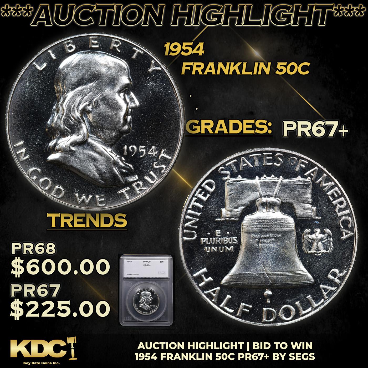 Proof ***Auction Highlight*** 1954 Franklin Half Dollar 50c Graded pr67+ BY SEGS (fc)