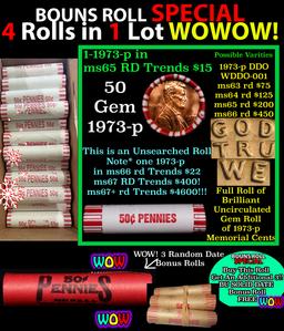 THIS AUCTION ONLY! BU Shotgun Lincoln 1c roll, 1973-p 50 pcs Plus THREE bonus random date BU roll! B