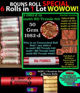 THIS AUCTION ONLY! BU Shotgun Lincoln 1c roll, 1982-d 50 pcs Plus THREE bonus random date BU roll! B