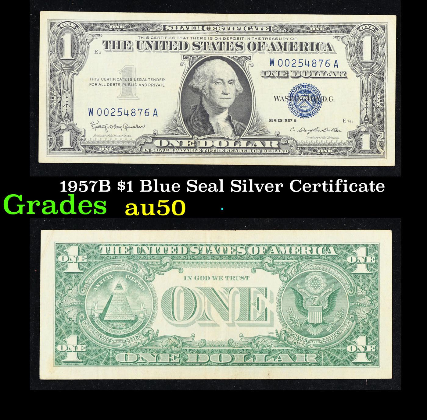 1957B $1 Blue Seal Silver Certificate Grades AU, Almost Unc