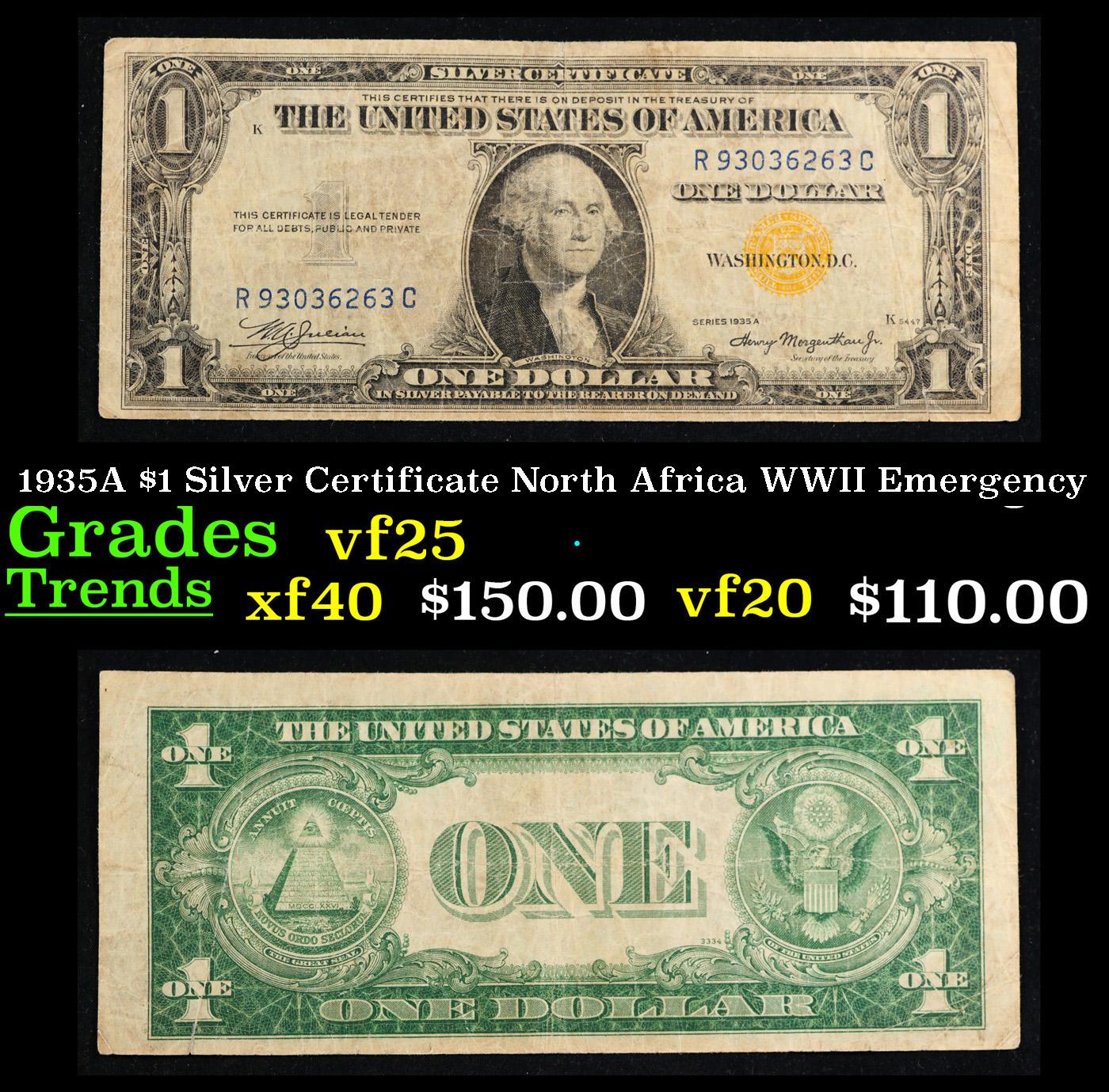 1935A $1 Silver Certificate North Africa WWII Emergency Currency Grades vf+