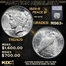 ***Auction Highlight*** 1924-s Peace Dollar $1 Graded ms63+ BY SEGS (fc)