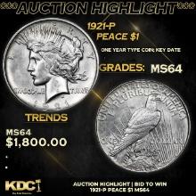 ***Auction Highlight*** 1921-p Peace Dollar $1 Grades Choice Unc (fc)