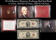 World Reserve Monetary Exchange Red Seal Book w/ COA, 1953 $2 US Note, 1963 $5 US Note