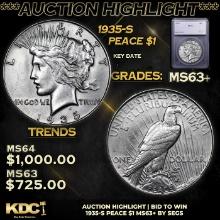 ***Auction Highlight*** 1935-s Peace Dollar 1 Graded ms63+ BY SEGS (fc)