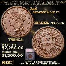 ***Auction Highlight*** 1844 Braided Hair Large Cent 1c Graded ms63+ bn By SEGS (fc)