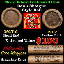 Small Cent Mixed Roll Orig Brandt McDonalds Wrapper, 1917-d Lincoln Wheat end, 1907 Indian other end