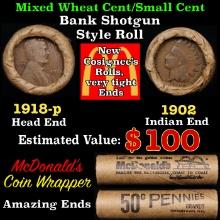 Small Cent Mixed Roll Orig Brandt McDonalds Wrapper, 1918-p Lincoln Wheat end, 1902 Indian other end