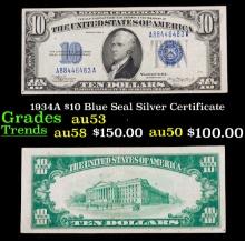 1934A $10 Blue Seal Silver Certificate Grades Select AU