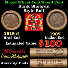 Lincoln Wheat Cent 1c Mixed Roll Orig Brandt McDonalds Wrapper, 1916-d end, 1907 Indian other end