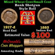 Lincoln Wheat Cent 1c Mixed Roll Orig Brandt McDonalds Wrapper, 1917-d end, 1883 Indian other end