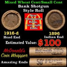 Lincoln Wheat Cent 1c Mixed Roll Orig Brandt McDonalds Wrapper, 1916-d end, 1896 Indian other end
