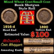 Lincoln Wheat Cent 1c Mixed Roll Orig Brandt McDonalds Wrapper, 1916-d end, 1890 Indian other end