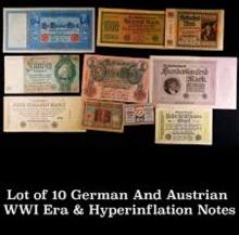 Lot of Nine 1908 to 1933 German Banknotes, Various Denominations Grades vf-au
