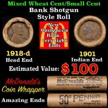 Lincoln Wheat Cent 1c Mixed Roll Orig Brandt McDonalds Wrapper, 1918-d end, 1901 Indian other end